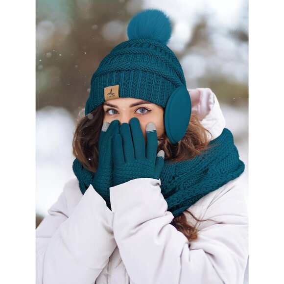Women’s Cyan Knit Beanie Hat, Gloves, Scarf & Ear Warmer Set - Winter - Picture 6 of 6